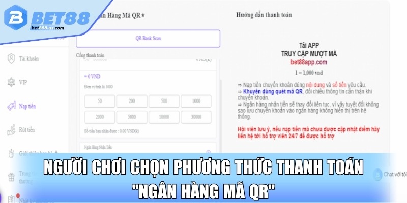 Người chơi chọn phương thức thanh toán "Ngân Hàng Mã QR"